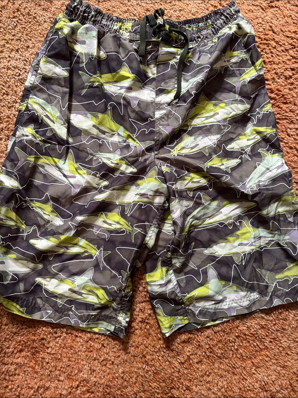 Boys Black & Lime Green Shark-Print Swim Shorts